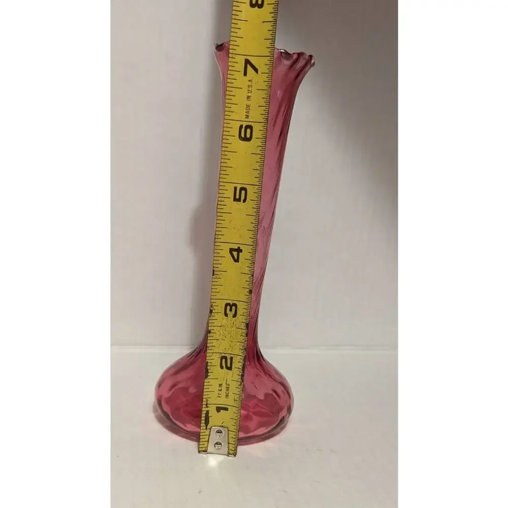 Vintage Pilgrim Cranberry Long Neck Vase scalloped edge Pink swirl Glass Decor - Picture 3 of 4